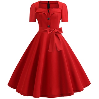 Dyhxuan 50er Rockabilly Petticoat Kleider Damen Retro Tupfen Druck Abendkleid Quadratischer Kragen Kurzarm Swing Kleid Partykleid Mit Bogen Knöpfe Ballkleid Cocktailkleid Brautjungfern Kleid