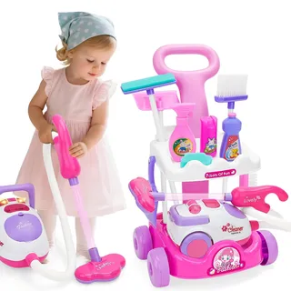 deAO Kinderstaubsauger Set mit Saugfunktion, 11-teiliges Putzset Kinder mit Wagen, Spielzeug Staubsauger mit Sound - Realistisches Haushaltsspielzeug für Jungen und Mädchen ab 3 Jahren