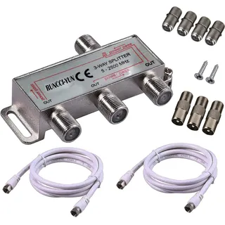 RUNCCI-YUN 3-Fach TV Radio F-Stecker Adapter Kabel Antennen Verteiler SAT Splitter Metall TV-Verteiler 5-2500MHz inkl. Adapter + Kabel + 3 x F Stecker auf Koax Stecker + 4 x F Buchse auf Koax Kupplung