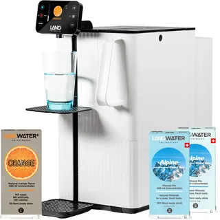 LANGWATER Osmoseanlage Auftisch TheWell 2 - mit Mineralisierung, Aromen, Heißwasserspender – Umkehrosmoseanlage für Trinkwasser inkl. 4-stufigem Wasserfilter (NSF58 RO, UV), 2 Mineralpacks, 1 Orange
