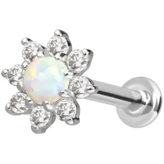 14 Karat Gold Labret mit Innengewinde MOISSANIT-BLUME + SYNTHETISCHER OPAL
