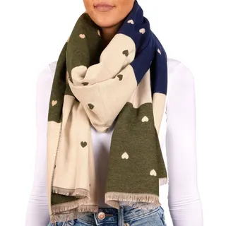 Brubaker Cashmirillo Damen Schal mit Herz Muster - 70 x 200 cm - Warm, Kuschelig und Oversized - Winterschal für Herbst und Winter - Weiches Kaschmir-Gefühl - Blau, Oliv und Beige - Einheitsgröße