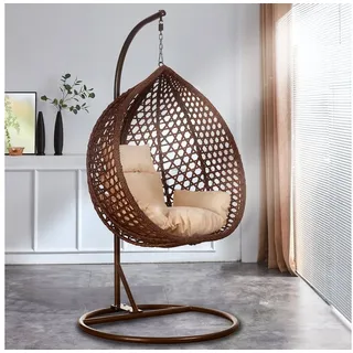 RAMROXX Luxus Hängesessel Style XXL Rattan Korb und Gestell Braun mit Relaxkissen Beige