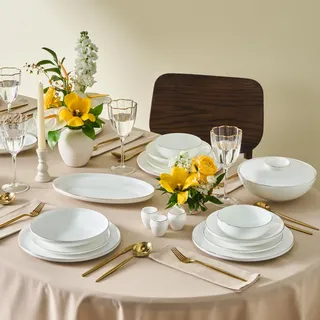 Karaca New Meridian 55-teiliges Geschirrset für 12 Personen, Elegantes Teller Set, Langlebiges Bone China Geschirr, Weiß mit Gold Tafelservice
