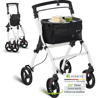 Juskys Aluminium Wohnungsrollator Aktiv schmal faltbar mit Tasche und Tablett weiß