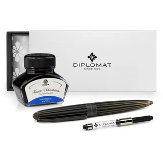 Diplomat Aero Oxyd Messing Füllhalter – Edles Schreibset mit Füllfederhalter, Edelstahlfeder M & Octopus Fluids Schreibtinte, 30 ml Königsblau