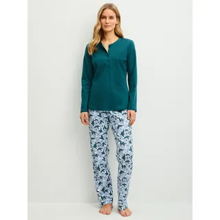 Schlafanzug CALIDA "Midnight Flowers", Damen, Gr. M (44/46), grün (schwarz petrol), Interlock, Obermaterial: 100% Baumwolle, bequem lang, Rundhals, Homewear-Sets Schlafanzug, mit Rundhalsausschnitt und Knopleiste