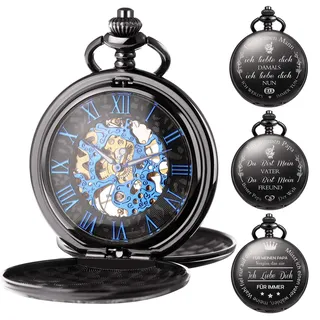 TREEWETO Herren Taschenuhr Personalisiert Gravur Taschenuhr mit Kette Klassische Jahrgang Mechanische Geschenke Geschenk zum Geburtstag Vatertag Vater Vatertagsgeschenk, Schwarz