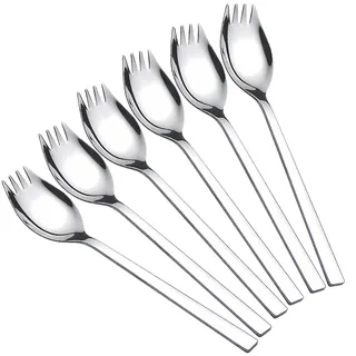 6 Stück Edelstahl Spork Göffel, Lang Salatlöffel 2 In 1 Abendessen Gabel Suppenlöffel Salatgabel Nudellöffel, 190 mm lang, 35 mm breit, spülmaschinengeeignet für Kuchen, Pizza, Gebäck und Buffet