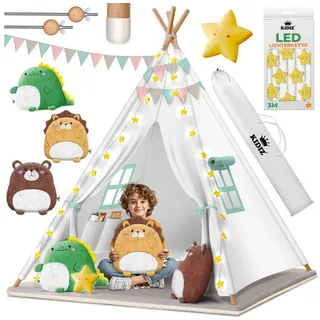 KIDIZ Spielzelt Tipi Zelt für Kinder aus Baumwolle 100x100x160cm Kinderzelt (LED-Lichterkette, Leuchtstern, Girlande, 3 Plüschtiere, Matte & Tasche) Spielhaus für drinnen & draußen Tipizelt weiß
