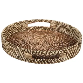 Casa Moro Dekotablett Rattan Serviertablett BEA rund mit Griffen (Servierplatte rustikal geflochten, Boho Chic Servierteller Deko-Tablett), dekoratives Tablett für Getränke, Frühstück, Tee, Service beige