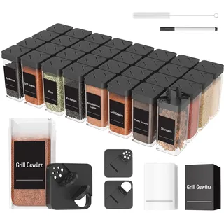 Homhut Gewürzgläser Eckig Set Mit Deckel [32x 120ml], Stabiler Plastik Gewürzstreuer Luftdichte, Gewürzdosen Mit Streueinsatz, Spice Jars Mit 120 Etiketten, Gewürz Organizer Schwarz
