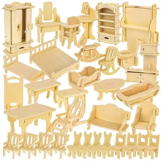 Kruzzel Puppenhaus Möbel Set Personalisierbar 34-teilig Küche Bad Wohnzimmer Schlafzimmer Kinderzimmer DIY 3D-Puzzle Bastelset Holz 23542