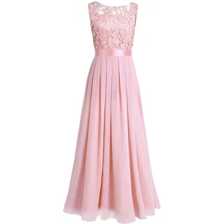 iEFiEL Damen Kleid Festliche Kleider Brautjungfer Hochzeit Cocktailkleid Chiffon Faltenrock Elegant Langes Abendkleid Partykleid Perle Rosa 42 - 42