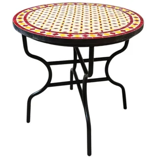 Marrakesch Orient & Mediterran Interior Gartentisch Marokkanischer Mosaiktisch Natur Bordeaux Gelb 80cm, Handarbeit, Handarbeit gelb