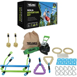 trelines Ninja Adventure Line 11 m – Slackline-Hindernisparcours für Kinder ab 5 Jahren mit Kletterseilen, Griffknoten und Turnringen, inkl. Aufbewahrungsbeutel, Grün