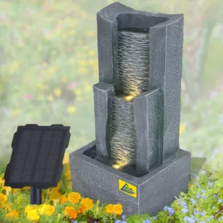 Solar Gartenbrunnen Brunnen Zierbrunnen Zimmerbrunnen Springbrunnen Brunnen mit LED-Licht und Li-Ion-Akku Wasserfall Wasserspiel für Garten, Gartenteich, Terrasse (3-Stufige Stein-Kaskade)