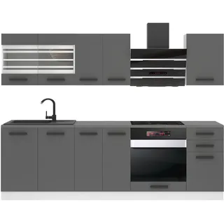 Belini Küchenzeile Küchenblock Margaret - Küchenmöbel 240 cm Einbauküche Vollausstattung ohne Elektrogeräten mit Hängeschränke und Unterschränke, ohne Arbeitsplatten, Silber matt