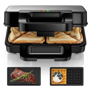 Arendo - Kontaktgrill 3 in 1 - mit Wechselplatten - Sandwichmaker – Waffeleisen – Sandwichmakler XXL - Antihaftbeschichtung – für Sandwiches, belgische Waffeln, Grillgut uvm - klein und kompakt