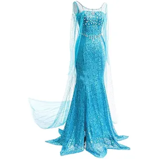 LOBTY Damen Elegante Prinzessin Kleid Bodenlang Rundausschnitt Pailletten Langes Abendkleid Weihnachten Halloween Festlich Fasching Karneval Verkleidung Cosplay S-XXL, Blau