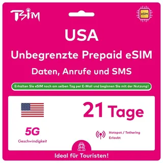 USA eSIM 21 Tage. T-Mobile Netzwerk mit Unbegrenzt Highspeed-Daten, Lokale Anrufe und SMS in den USA (Hawaii Inklusive). Erhalte eSIM Am Selben Tag per E-Mail und Beginne Sofort mit der Nutzung!