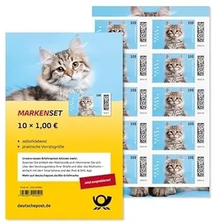 Markenset 10 x 1,00 Haustiere Katze 1,00 Euro Briefmarken selbstklebend Markenset 10er Frankaturware stamp set 10er + Becopa® Schutz