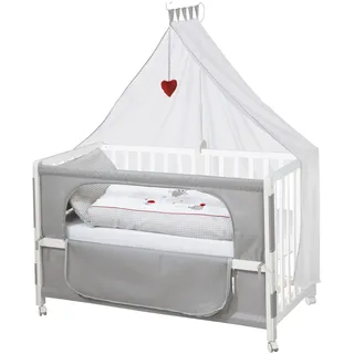 roba Beistellbett 60 x 120 cm - Adam & Eule Room Bed - Babybett zum Anstellen an Elternbett - Inklusive Matratze, Bettwäsche, Himmel - Mobil & Höhenverstellbar - Holz weiß