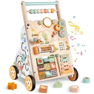 Weilim Baby Lauflernwagen Holz, Montessori Lauflernhilfe ab 12 Monaten | Sensorik-Spielzeug 10 Aktivitäten, Geschwindigkeit & Höhe verstellbar, Xylophon Labyrinth Perlen Spiegel, Jungen & Mädchen
