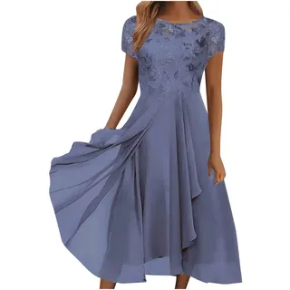 KDEIHT Damen Chiffon Spitzenkleid Brautjungfer Kleid Elegant Party Cocktailkleid Festliches Ballkleid Kurzarm Partykleid Rundhalsausschnitt Abendkleid Sommerkleid - XXL