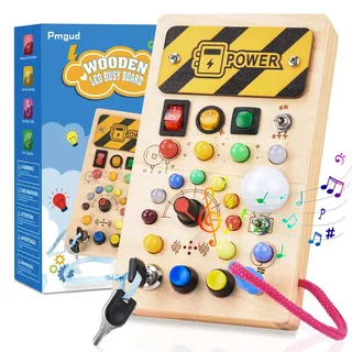Pmgud Montessori Busy Board Activity Board ab 1 Jahr Montessori Holzspielzeug mit 8 Schalter 15 LED Leuchten 6 Musik Sensorisches Lernspielzeug für Babys und Kleinkinder ab 1 Jahre, Q7-OA9N-YUGM