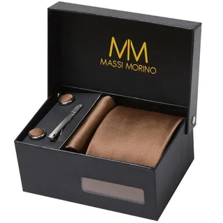 MASSI MORINO Krawatte Braun mit Einstecktuch Set Herren inkl. Manschettenknöpfe, Krawattennadel und Geschenkbox | Männer Krawattenset zur Hochzeit - Einheitsgröße