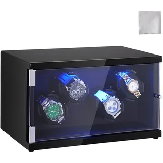 Vevor Uhrenbeweger, Automatik-Uhrenbeweger, Watch Winder, Uhrenbeweger für Automatikuhren, Automatischer Uhrenbeweger mit Platz für 4 Uhren, LED Beleuchtung, Max. 20 cm Riemenlänge Schwarz