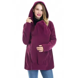 Smallshow Tragejacke für Baby, 3 IN 1 Kängurujacke aus Fleece, Umstandsjacke mit Reißverschluss, Mutterschaft Hoodie Wine S - S