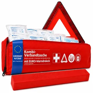 Erste-Hilfe-Set mit Warndreieck - Verbandtasche DIN 13164, StVZO-konform | 44-teiliges KFZ-Verbandskasten-Set fürs Auto mit Warndreieck, 2 Masken, sterilen Verbandmitteln, Nylontasche und Klettrücken
