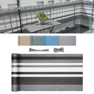 Sekey Balkon Sichtschutz Balkonabdeckung HDPE 220 g/m2, 75x300cm, Leicht Transparent Wind- und UV-Schutz Wetterfest, mit Ösen, Nylon Kabelbinder und Kordel, Graue Gestreift