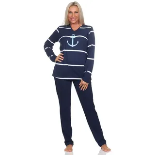 normann Damen Schlafanzug lang in maritimer Optik mit Anker Motiv - auch in Übergrössen, Farbe:Marine, Größe:36-38 - 36-38