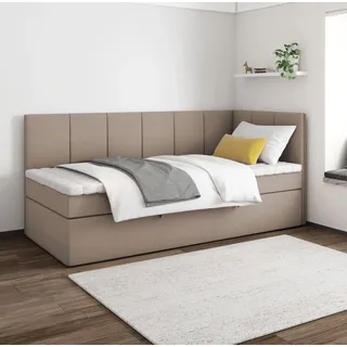 Boxspringbett POLA 80x200 cm, T25 Topper, Kinderbett, Jugendbett, Einzelbetten, Bett, Stauraum Polsterbett, Matratze, RECHTS (Cappuccino - Itaka 48) - Hellbraun