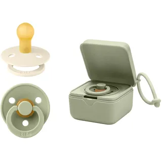 BIBS Schnullerbox Bundle - Bunte Schnuller, Runder Naturkautschuk-Sauger und Sterilisierbox - Komplettes Set für Glückliche Babys, Größe 1 (0-6 Monate), Sage