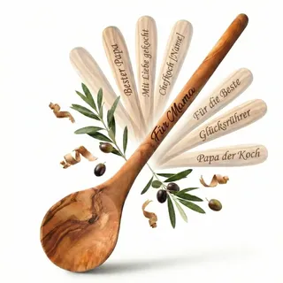 Kochlöffel personalisiert, Olivenholz - Handgemachter Holzkochlöffel mit Gravur als individuelles Geschenk
