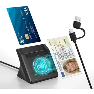 2in1 NFC Kartenlesegerät Personalausweis für AusweisApp2 – Chipkartenleser mit USB-C & USB-A für Neuen Personalausweis (NPA), Bankkarten & Smartcards, kompatibel mit Windows, Mac, Linux, Android, PC