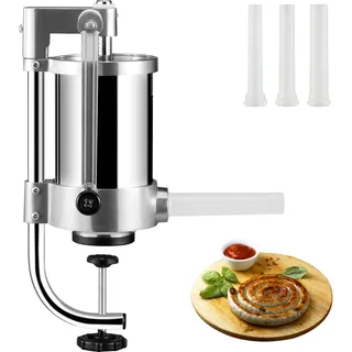 Vevor Manueller Wurstfüller Wurstfüllmaschine 1,5 L, Edelstahl + Aluminium Professionelle Silberne Wurstmaschine inkl. 16 / 19 / 22 mm Füllrohre, Vertikale Wurstpresse mit Tischklemme Hausgemacht