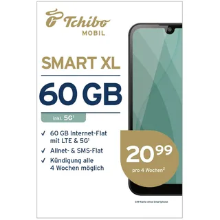Tchibo MOBIL Smart XL SIM-Karte | 60 GB Datenvolumen + Allnet- & SMS-Flat | Surfen mit LTE/5G | Nur 20,99 € alle 4 Wochen | Ohne Lange Vertragsbindung | EU-weites Roaming