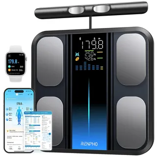 RENPHO Körperfettwaage mit Handsensoren, Personenwaage mit körperfett, Smart Waage mit App für Körperfett, Muskelmasse, BMI, Präzisionswaage bis 180kg/400 lbst