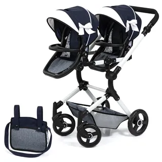 Bayer Design 26281AA Zwillingspuppenwagen Twin NEO mit Tasche, höhenverstellbarer Griff, Schwenkschieber, Sitze einzeln steckbar, bewegliche Vorderräder, integrierter Korb, Blau