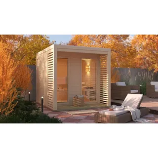 Karibu Saunahaus Außensauna Gartensauna Angkor 2 unbehandelt ohne Zubehör 38mm Massivholz 237x276x232 cm