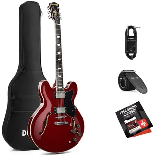 Donner E-Gitarre Jazz E-Gitarre 70er-Jahre Sound Semi-Hollow, DJP-1000, Semi-Hollowbody mit Double-Cutaway, Zwei Humbucker mit Coil-Split-Funktion rot
