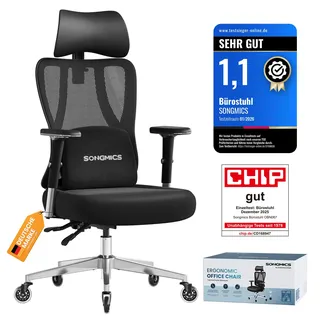 SONGMICS Bürostuhl ergonomisch, Schreibtischstuhl, Gaming-Stuhl, verstellbare Lenden-, Kopfstütze, Armlehnen, für Verschiedene Körpergröße, bis zu 150 kg belastbar, tintenschwarz OBN067BH01