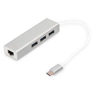 DIGITUS USB 3.0 Typ C 3-Port Hub mit Gigabit Ethernet Adapter, 3x USB A, 1x RJ45 LAN, Silber