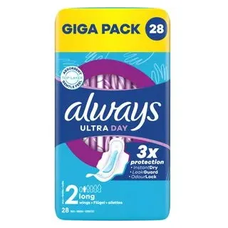 always Damenbinden Ultra Day Long, Größe 2, geruchsneutralisierend, mit Flügeln, 28 Stück