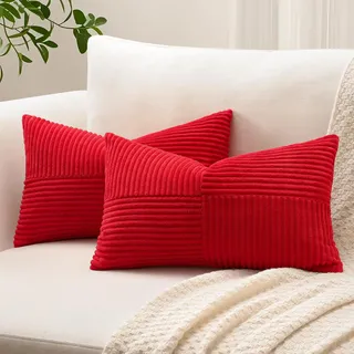 Sungeek 2er Set Cord Kissenbezüge, Kreuz Streifen Muster Kordsamt Kissenbezug Sofakissen Dekokissen Patchwork Design Deko Zierkissenbezüge Kissenhülle für Wohnzimmer (40x60cm, Rot)